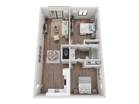 A top-down view of a small, neatly organized apartment with two bedrooms, a living area, and a kitchen.